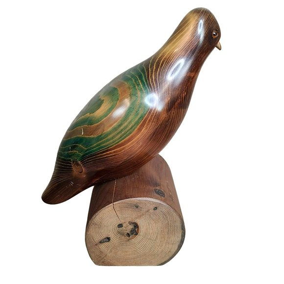 Hand Carved Two-Tone Wood Perched Quail Bird Figurine On Wooden Log 11" - Picture 4 of 15